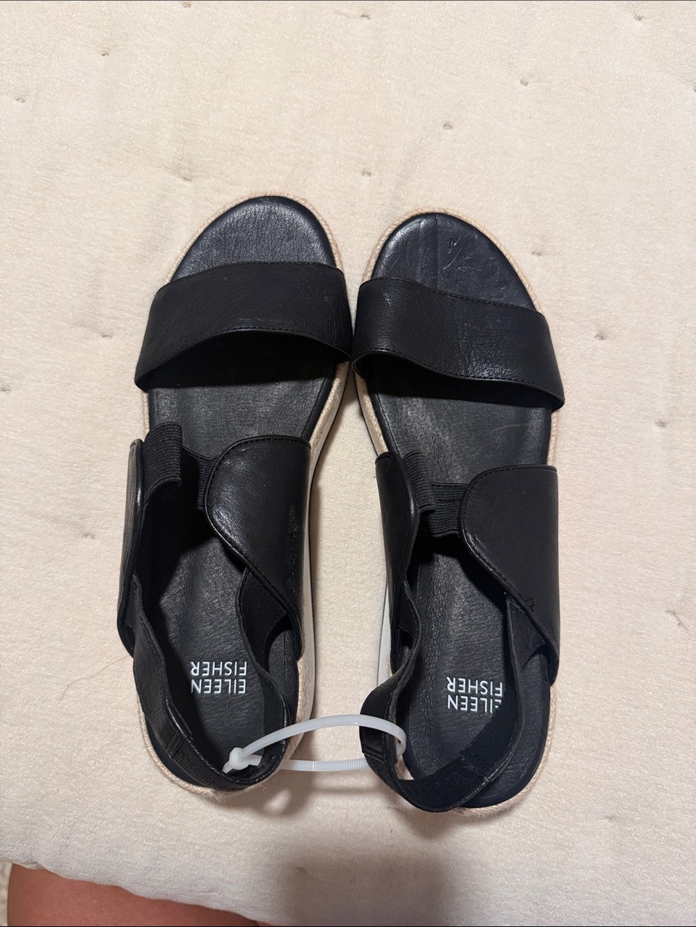 Eileen Fisher Black Leather Velcro Strap Sandals